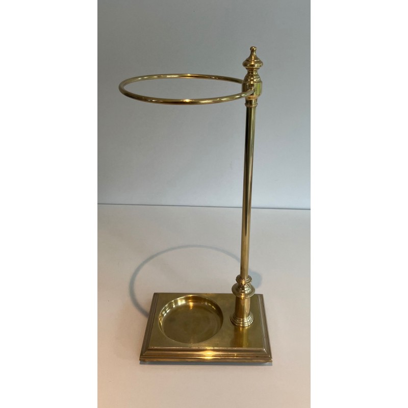 Neoclassical Brass Umbrella Stand with Ring Holder and Square Plinth Base, France, circa 1970