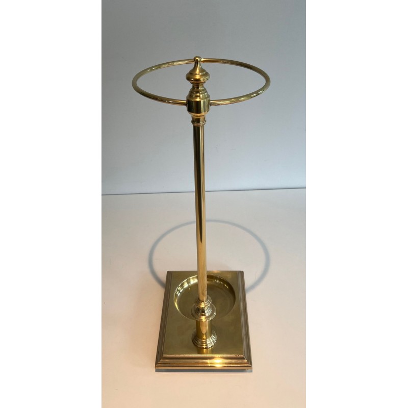 Neoclassical Brass Umbrella Stand with Ring Holder and Square Plinth Base, France, circa 1970