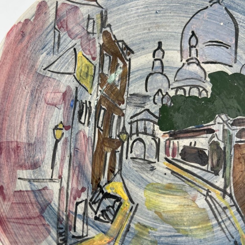 Assiette Décorative en Céramique Représentant Montmartre, Signée L. Bemelans, Tapis Vert Vallauris, vers 1970