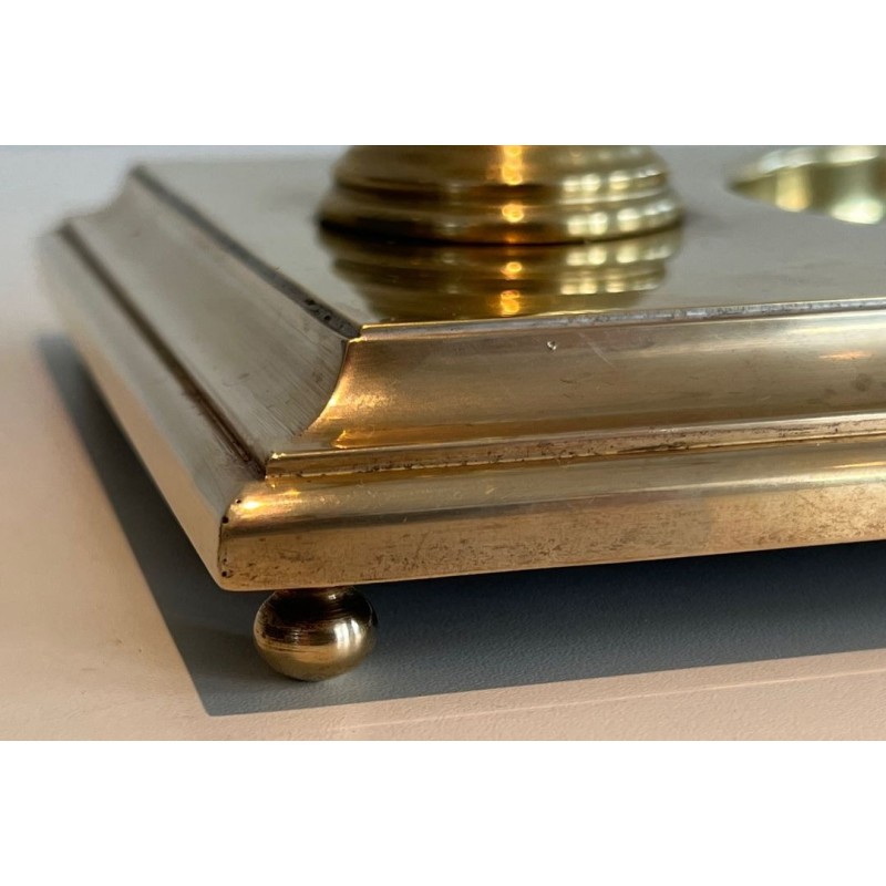 Neoclassical Brass Umbrella Stand with Ring Holder and Square Plinth Base, France, circa 1970