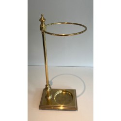 Neoclassical Brass Umbrella Stand with Ring Holder and Square Plinth Base, France, circa 1970