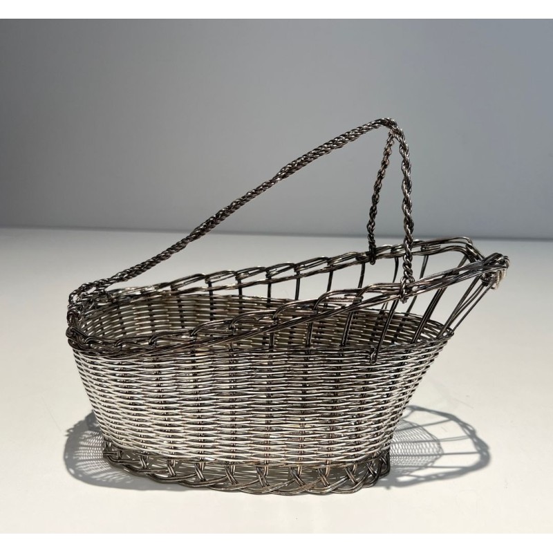 Panier Décanteur en Fil de Métal Argenté Tissé à Anse en Arceau, France, vers 1900