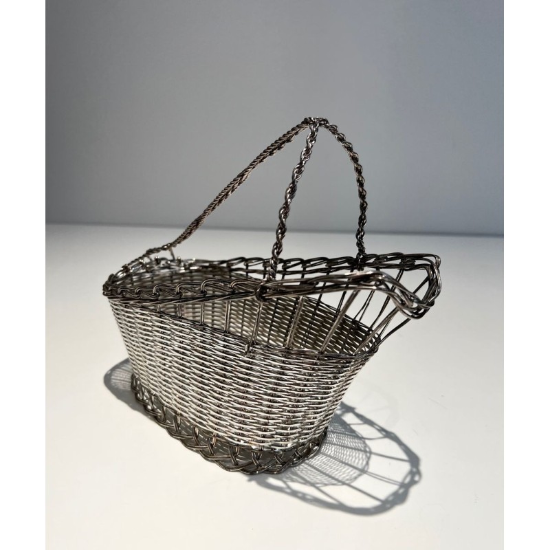 Silver-Plated Woven Wire Decanting Basket with Arched Handle, France, circa 1900