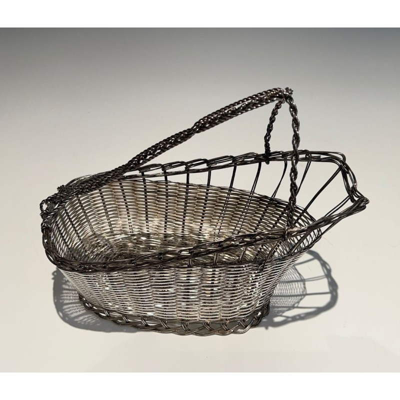 Panier Décanteur en Fil de Métal Argenté Tissé à Anse en Arceau, France, vers 1900