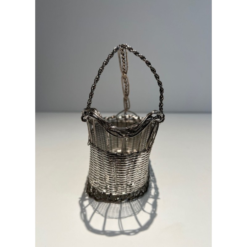 Panier Décanteur en Fil de Métal Argenté Tissé à Anse en Arceau, France, vers 1900