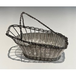 Panier Décanteur en Fil de Métal Argenté Tissé à Anse en Arceau, France, vers 1900