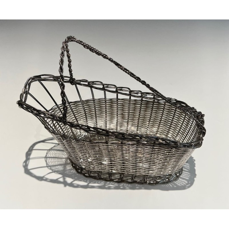 Panier Décanteur en Fil de Métal Argenté Tissé à Anse en Arceau, France, vers 1900