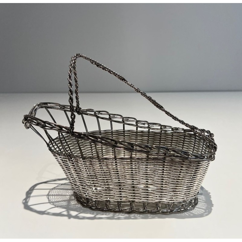 Panier Décanteur en Fil de Métal Argenté Tissé à Anse en Arceau, France, vers 1900