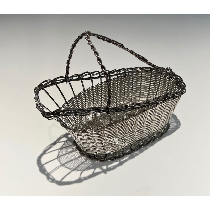 Panier Décanteur en Fil de Métal Argenté Tissé à Anse en Arceau, France, vers 1900