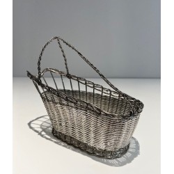 Panier Décanteur en Fil de Métal Argenté Tissé à Anse en Arceau, France, vers 1900