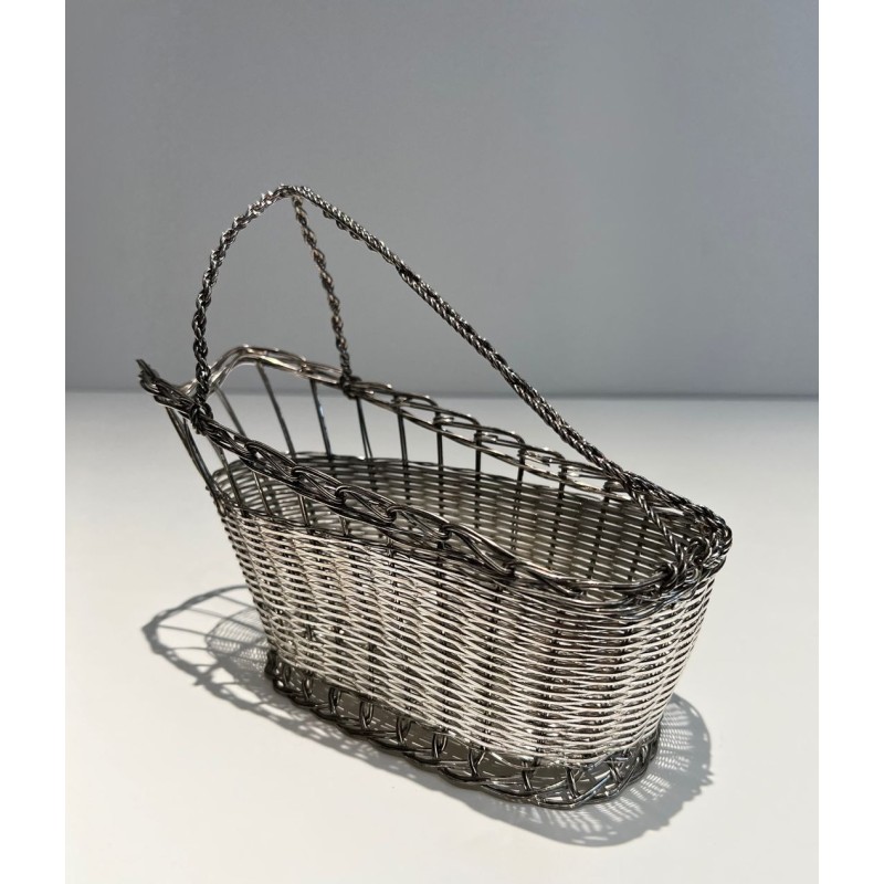 Panier Décanteur en Fil de Métal Argenté Tissé à Anse en Arceau, France, vers 1900