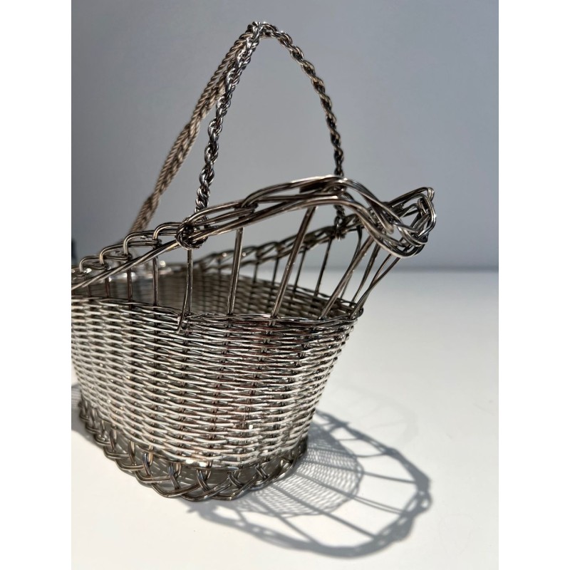 Panier Décanteur en Fil de Métal Argenté Tissé à Anse en Arceau, France, vers 1900