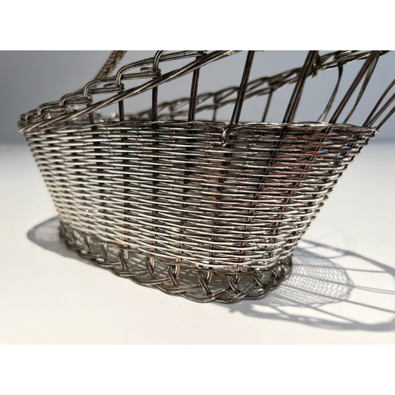 Panier Décanteur en Fil de Métal Argenté Tissé à Anse en Arceau, France, vers 1900