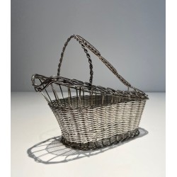 Panier Décanteur en Fil de Métal Argenté Tissé à Anse en Arceau, France, vers 1900
