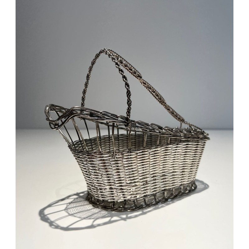 Panier Décanteur en Fil de Métal Argenté Tissé à Anse en Arceau, France, vers 1900