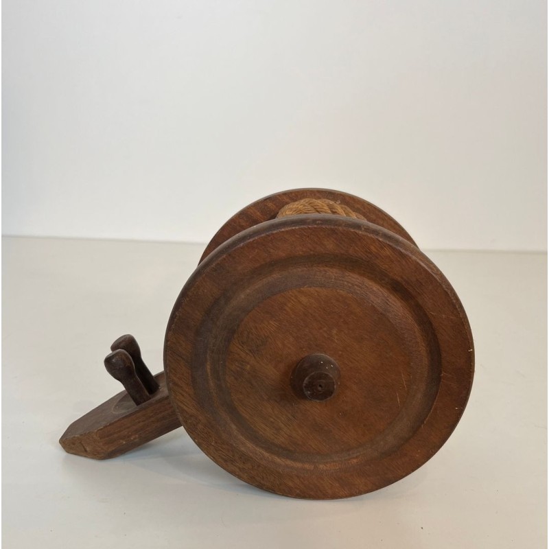 Cannon-Form Bottle Holder in Turned Wood and Rope by Audoux-Minet, France, circa 1970
