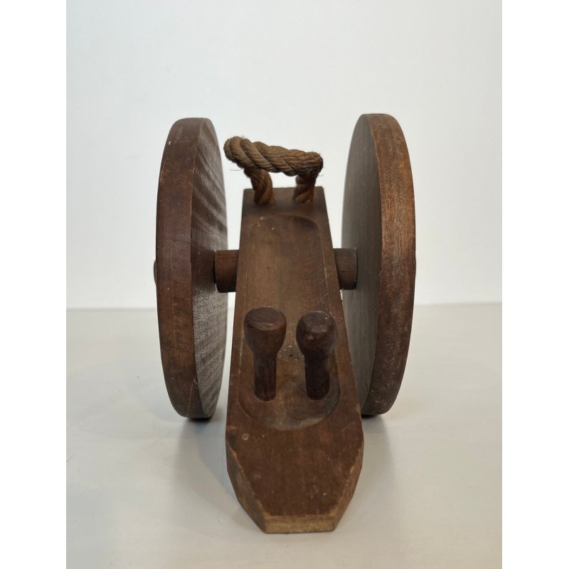 Cannon-Form Bottle Holder in Turned Wood and Rope by Audoux-Minet, France, circa 1970
