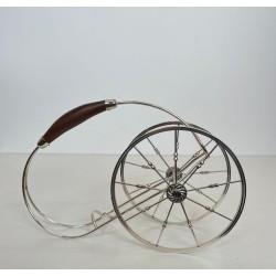 Silver-Plated Two-Wheeled Carriage Wine Bottle Holder with Leather Handle, France, circa 1970