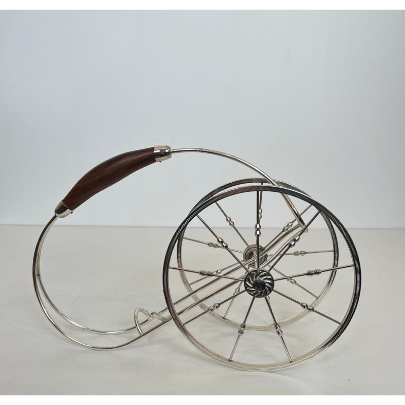 Silver-Plated Two-Wheeled Carriage Wine Bottle Holder with Leather Handle, France, circa 1970