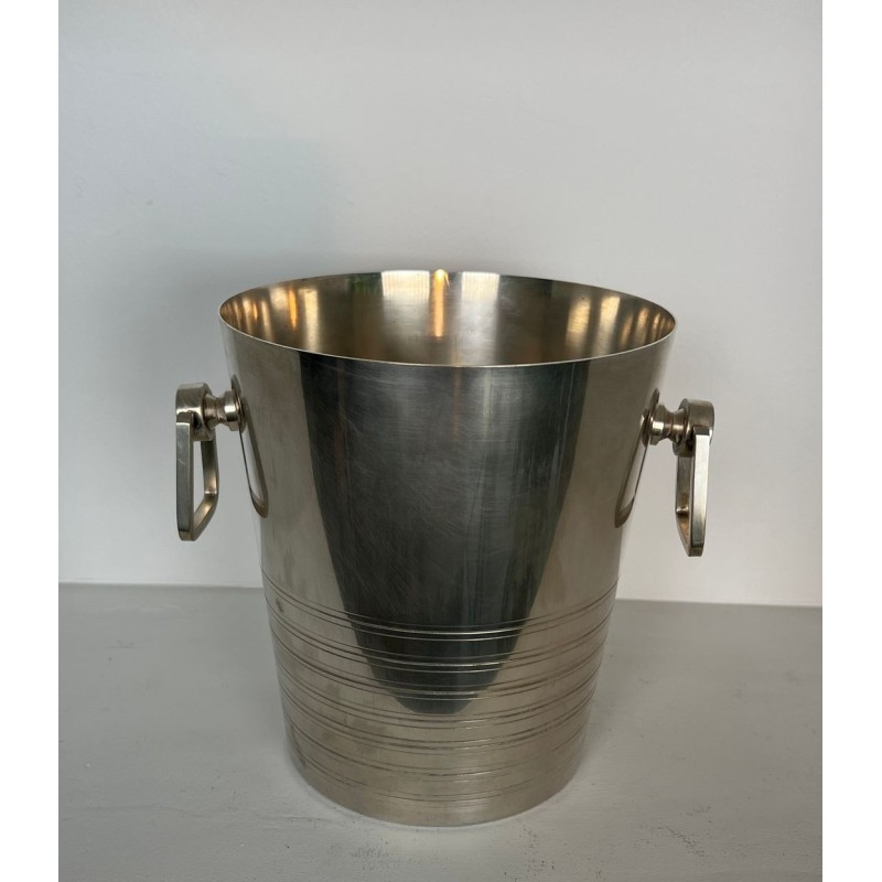 Seau à Champagne Art Déco en Métal Argenté à Anses en Anneau, France, vers 1930
