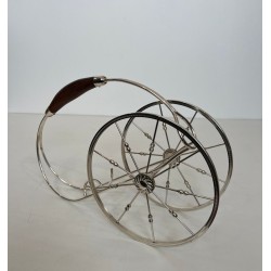 Silver-Plated Two-Wheeled Carriage Wine Bottle Holder with Leather Handle, France, circa 1970