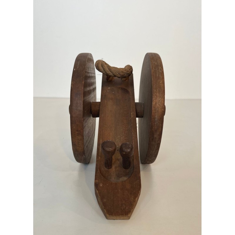 Cannon-Form Bottle Holder in Turned Wood and Rope by Audoux-Minet, France, circa 1970