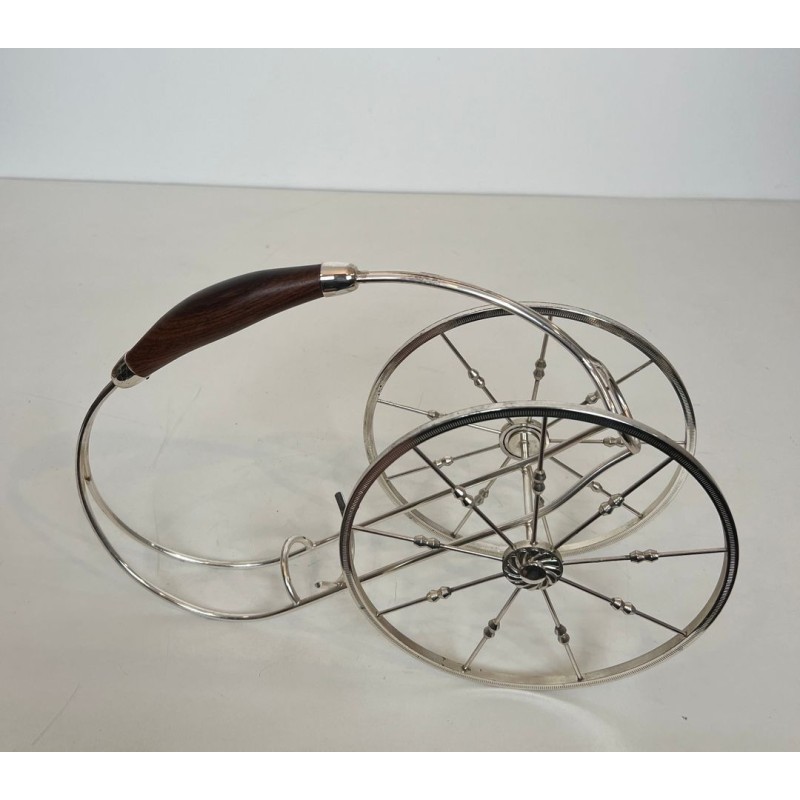 Silver-Plated Two-Wheeled Carriage Wine Bottle Holder with Leather Handle, France, circa 1970