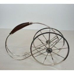 Silver-Plated Two-Wheeled Carriage Wine Bottle Holder with Leather Handle, France, circa 1970