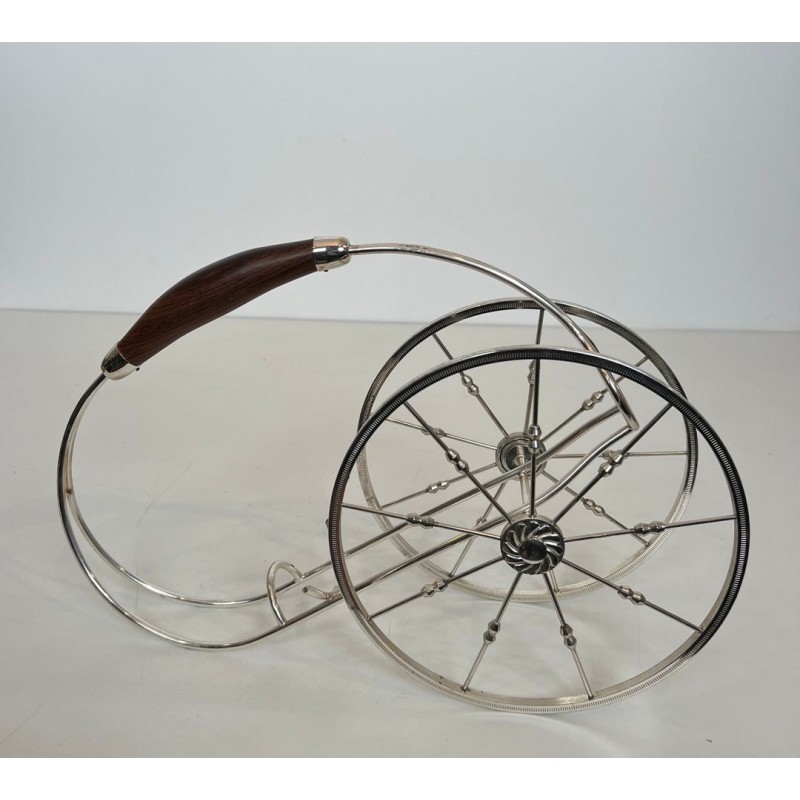Silver-Plated Two-Wheeled Carriage Wine Bottle Holder with Leather Handle, France, circa 1970