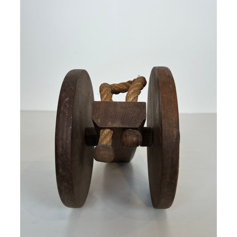 Cannon-Form Bottle Holder in Turned Wood and Rope by Audoux-Minet, France, circa 1970