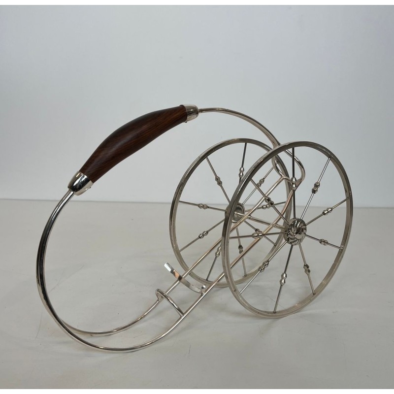 Silver-Plated Two-Wheeled Carriage Wine Bottle Holder with Leather Handle, France, circa 1970
