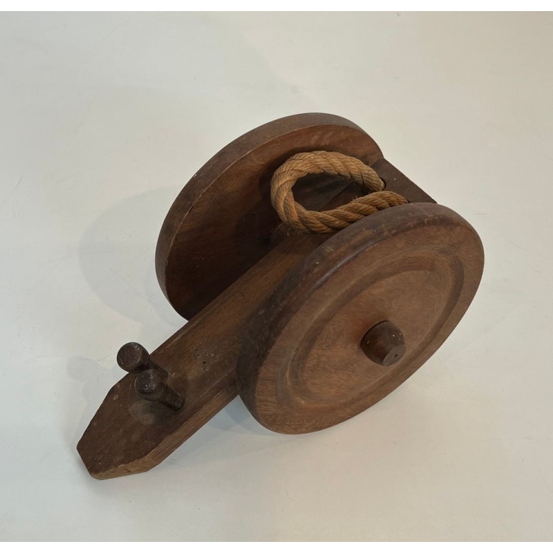 Cannon-Form Bottle Holder in Turned Wood and Rope by Audoux-Minet, France, circa 1970