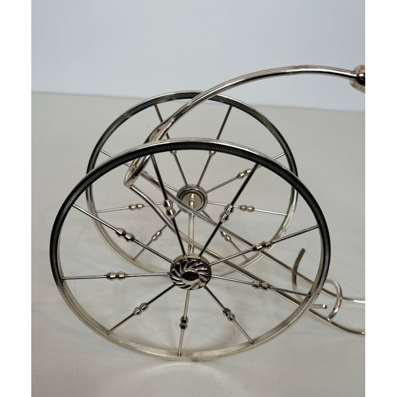 Silver-Plated Two-Wheeled Carriage Wine Bottle Holder with Leather Handle, France, circa 1970