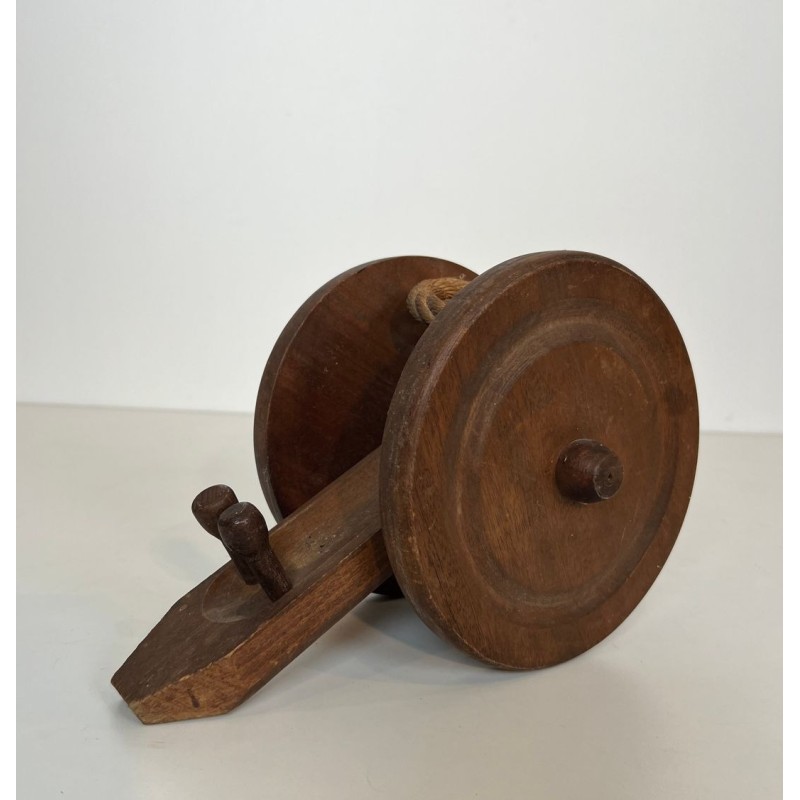 Cannon-Form Bottle Holder in Turned Wood and Rope by Audoux-Minet, France, circa 1970