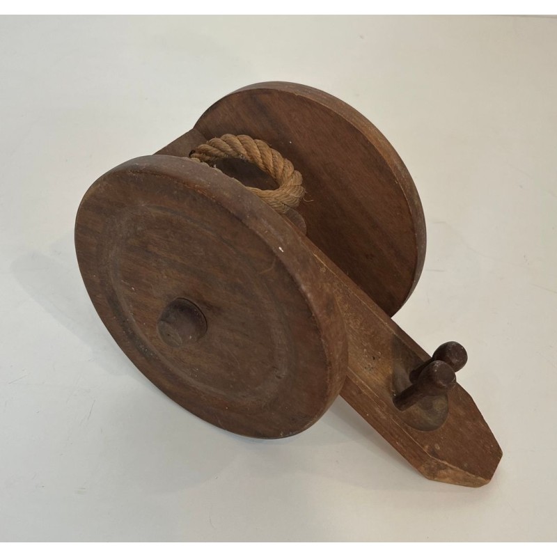 Cannon-Form Bottle Holder in Turned Wood and Rope by Audoux-Minet, France, circa 1970