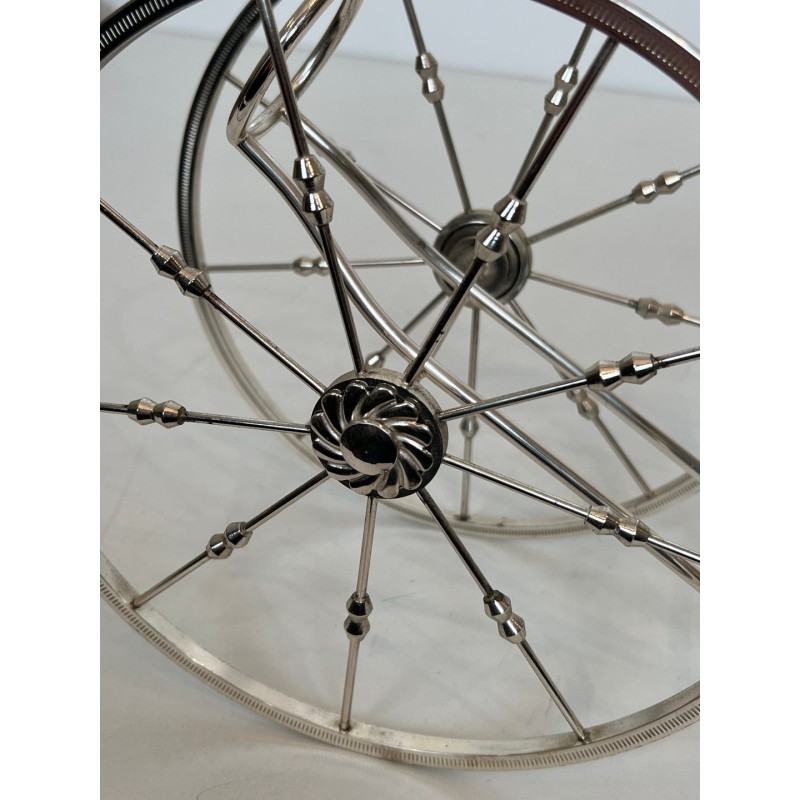 Silver-Plated Two-Wheeled Carriage Wine Bottle Holder with Leather Handle, France, circa 1970