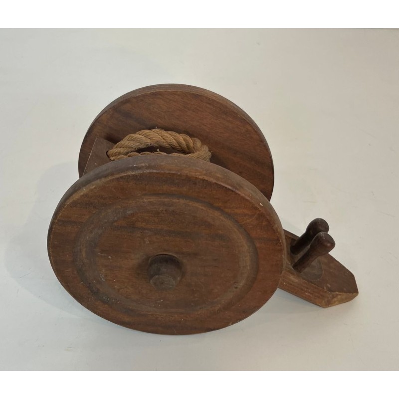 Cannon-Form Bottle Holder in Turned Wood and Rope by Audoux-Minet, France, circa 1970