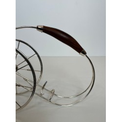 Silver-Plated Two-Wheeled Carriage Wine Bottle Holder with Leather Handle, France, circa 1970