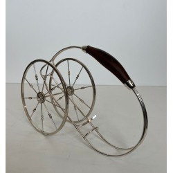 Silver-Plated Two-Wheeled Carriage Wine Bottle Holder with Leather Handle, France, circa 1970