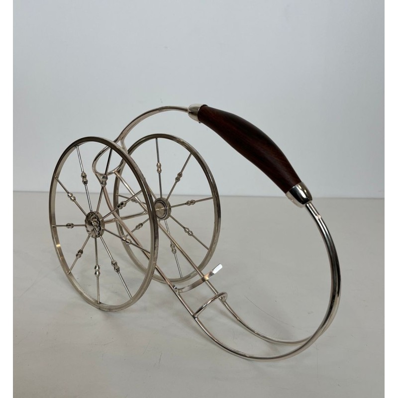 Silver-Plated Two-Wheeled Carriage Wine Bottle Holder with Leather Handle, France, circa 1970