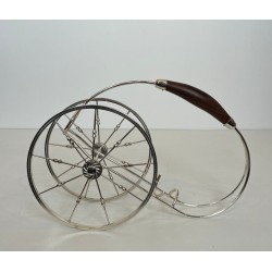 Silver-Plated Two-Wheeled Carriage Wine Bottle Holder with Leather Handle, France, circa 1970