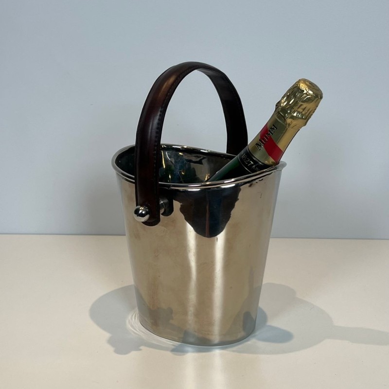 Seau à Champagne en Métal Argenté à Anse en Cuir, France, vers 1970