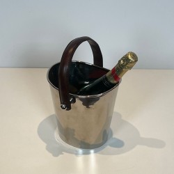 Seau à Champagne en Métal Argenté à Anse en Cuir, France, vers 1970