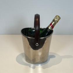 Seau à Champagne en Métal Argenté à Anse en Cuir, France, vers 1970