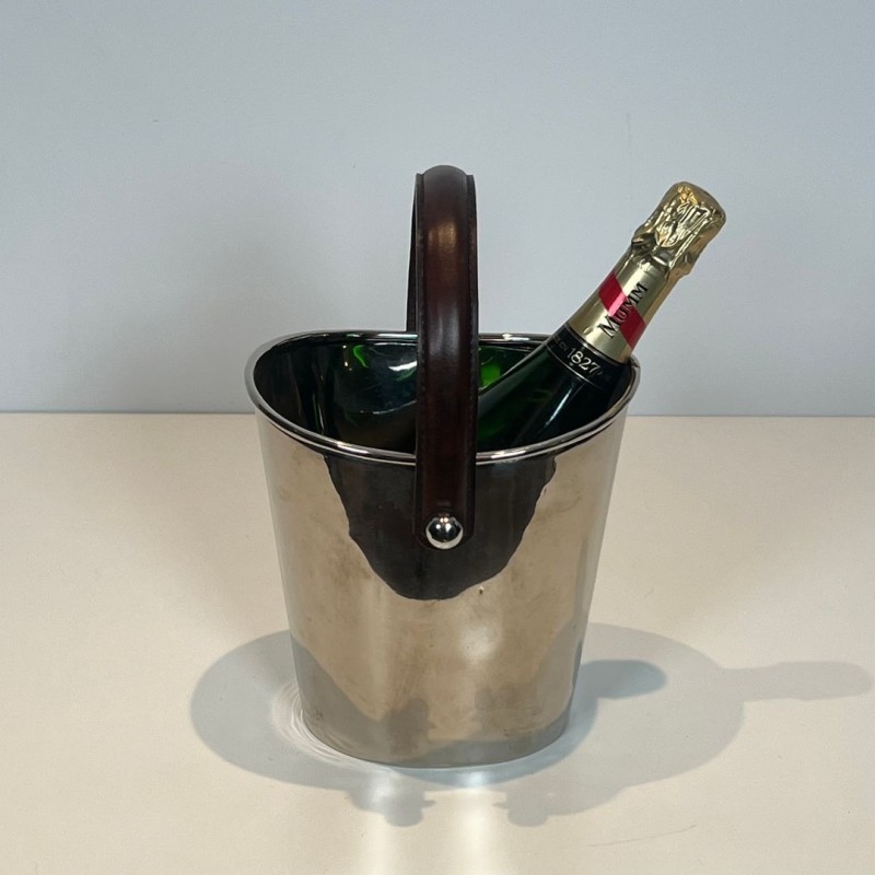 Seau à Champagne en Métal Argenté à Anse en Cuir, France, vers 1970
