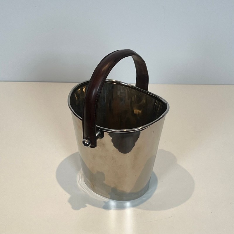 Silver-Plated Champagne Bucket with Leather Strap Handle, France, circa 1970
