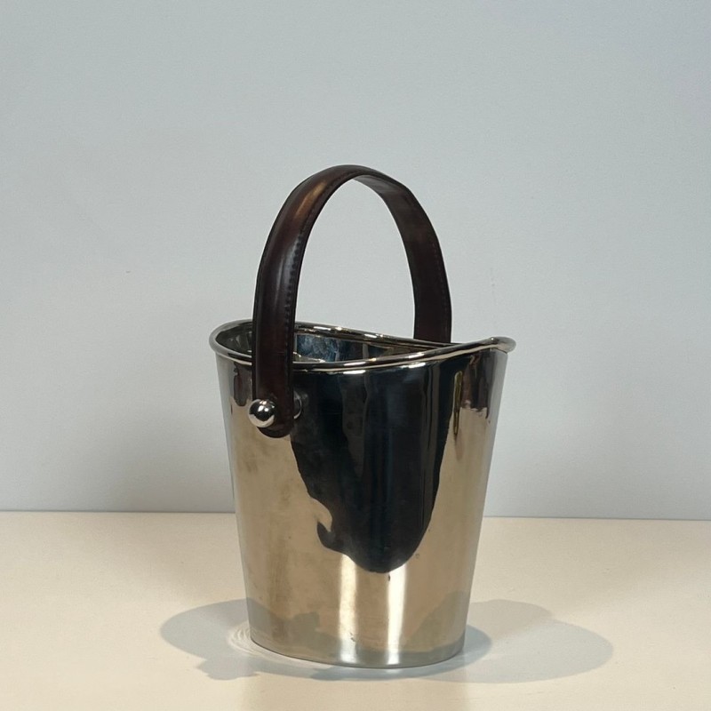 Silver-Plated Champagne Bucket with Leather Strap Handle, France, circa 1970