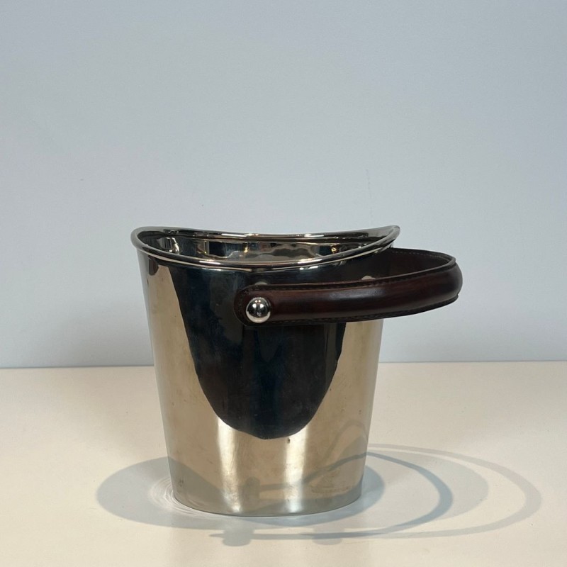 Silver-Plated Champagne Bucket with Leather Strap Handle, France, circa 1970