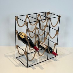 Black Metal Wire and Rope Wine Rack for Nine Bottles, France, circa 1970