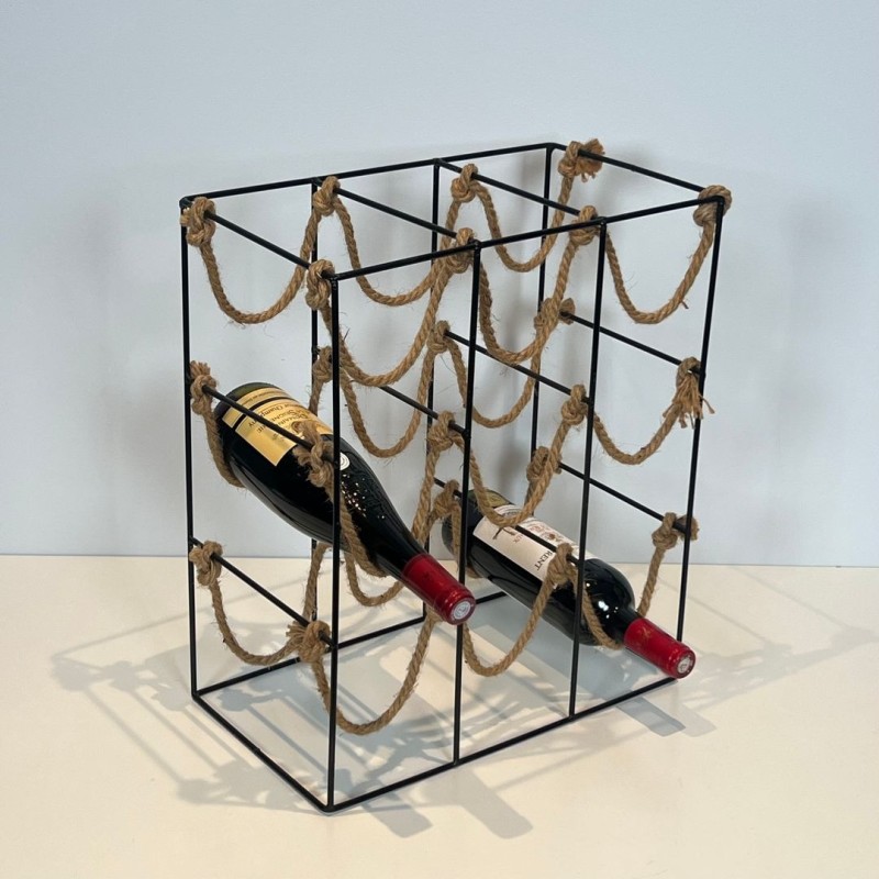 Black Metal Wire and Rope Wine Rack for Nine Bottles, France, circa 1970